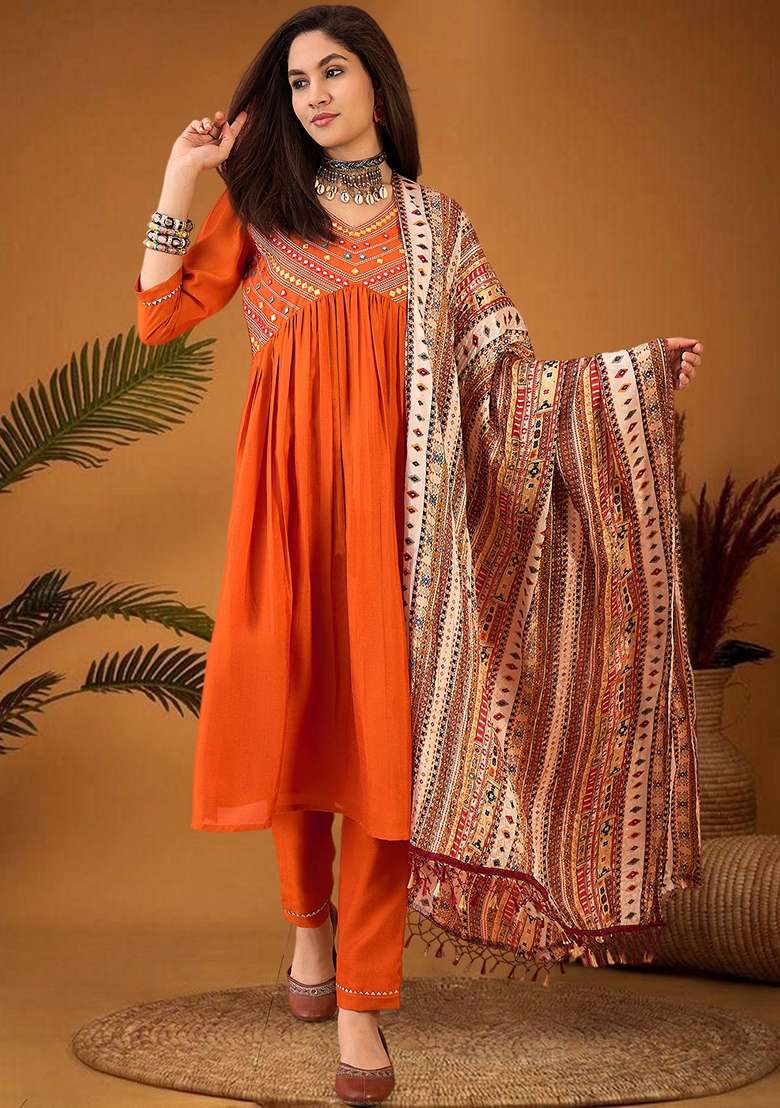 Orange Embroidered Chiffon A Line Kurta Set - Indya