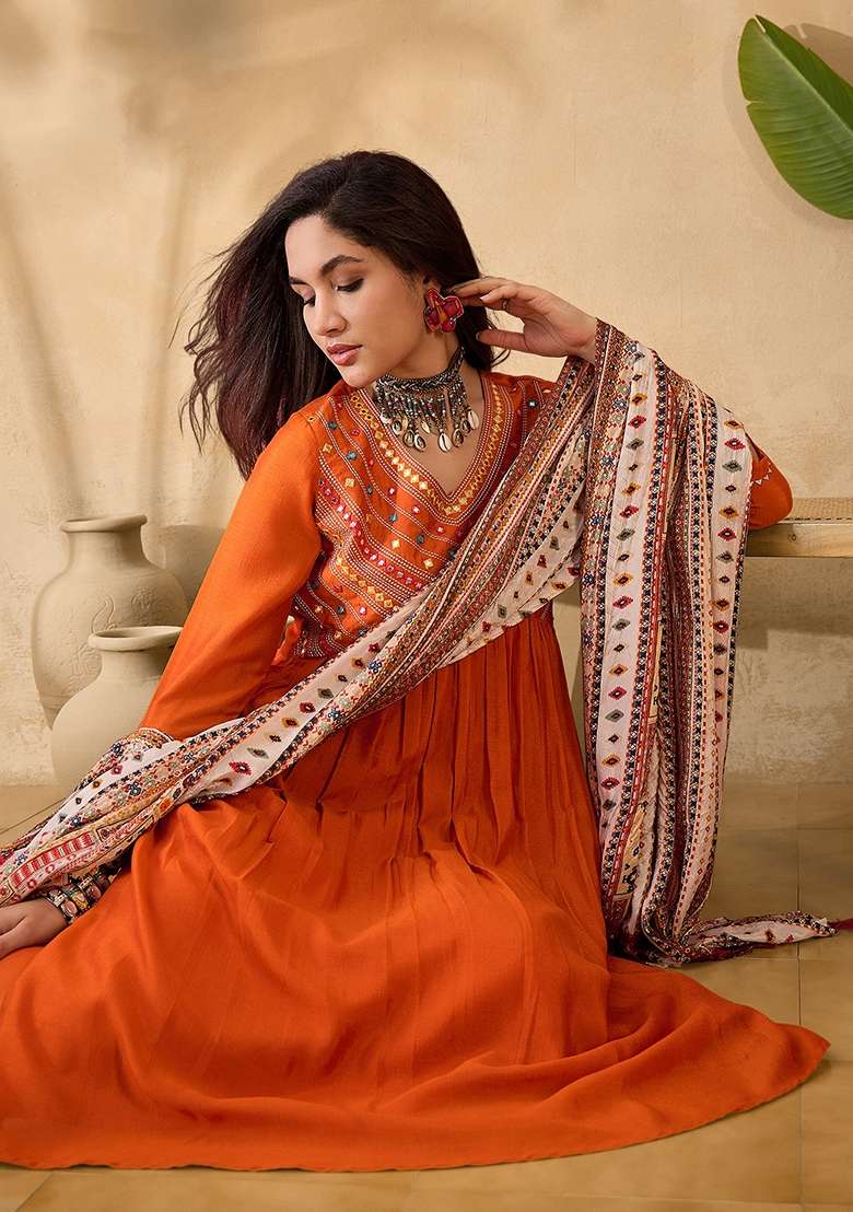 Orange Embroidered Chiffon A Line Kurta Set - Indya