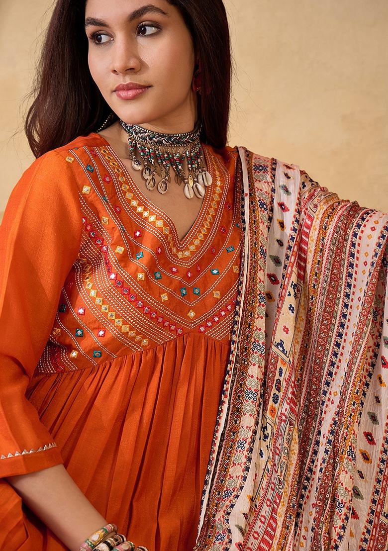 Orange Embroidered Chiffon Salwar Kameez With Dupatta