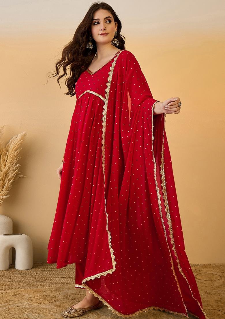 Red Sequin Embroidered Georgette Salwar Kameez With Dupatta