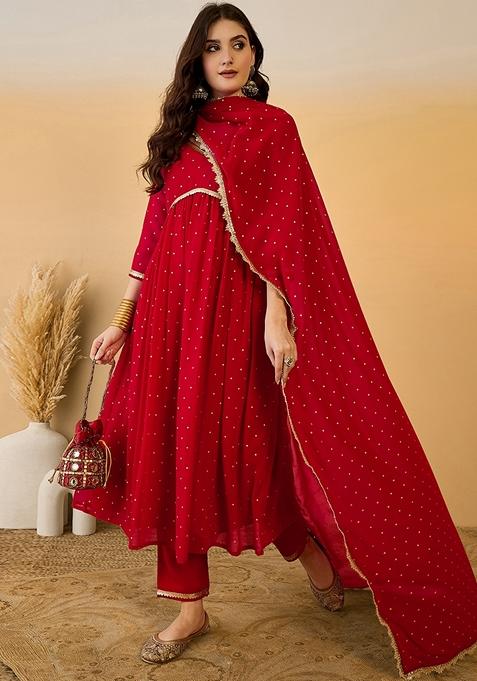 Red Zari Work Georgette Anarkali Set — view on Indya