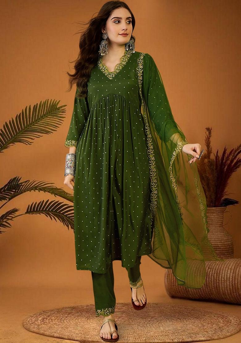 Mehendi Green Zari Work Silk Salwar Kameez With Dupatta