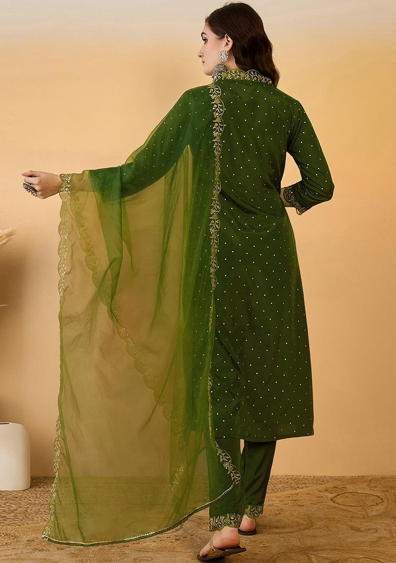 Mehendi Green Zari Work Silk Salwar Kameez With Dupatta