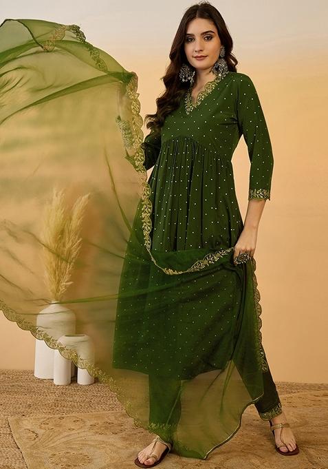 Mehendi Green Zari Work Silk Salwar Kameez With Dupatta