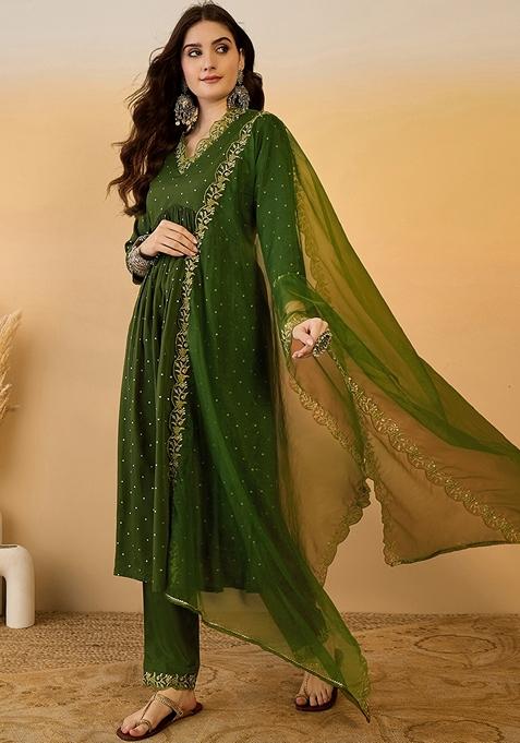 Mehendi Green Zari Work Silk Salwar Kameez With Dupatta