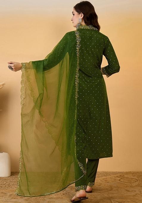 Mehendi Green Zari Work Silk Salwar Kameez With Dupatta