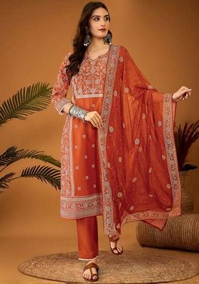 Orange Printed Chinon Salwar Kameez With Dupatta