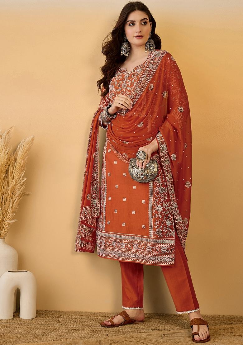 Orange Printed Chinon Salwar Kameez With Dupatta