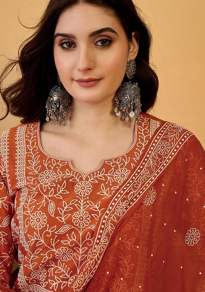 Orange Printed Chinon Salwar Kameez With Dupatta