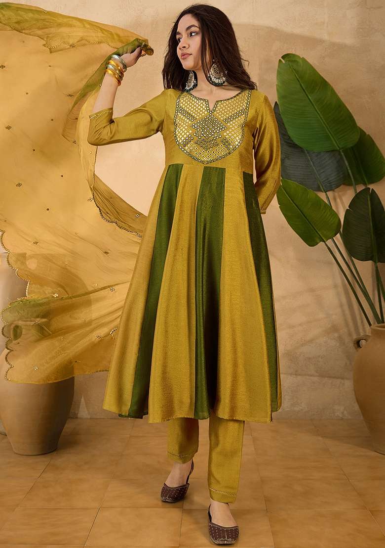 Yellow Embroidered Organza A Line Kurta Set - Indya