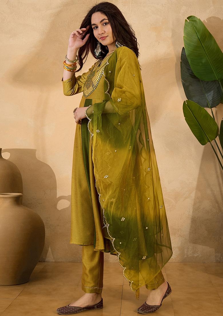Yellow And Green Embroidered Organza Salwar Kameez With Dupatta