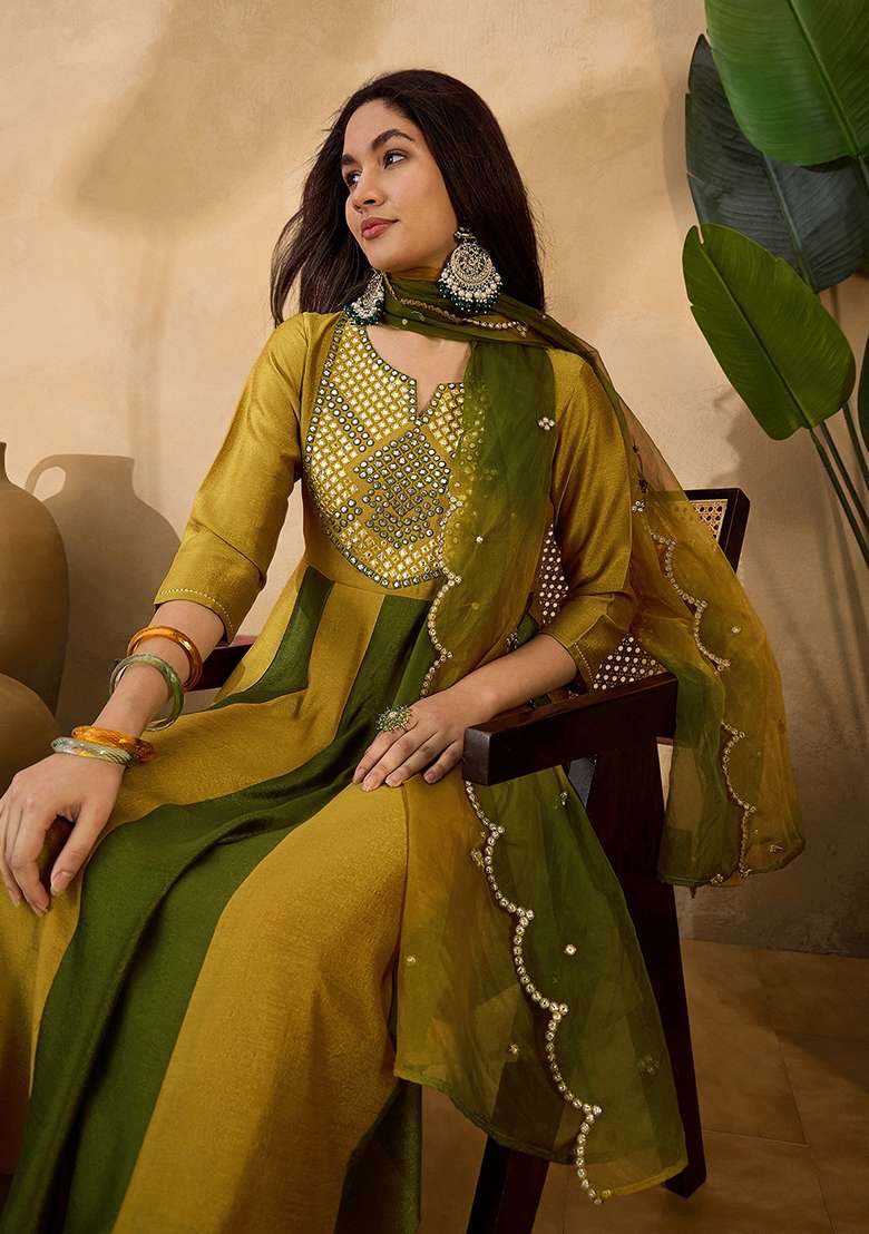 Yellow Embroidered Organza A Line Kurta Set - Indya