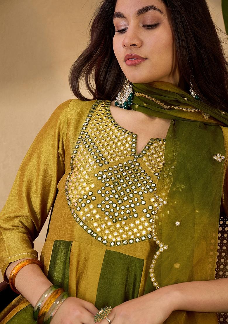 Yellow And Green Embroidered Organza Salwar Kameez With Dupatta