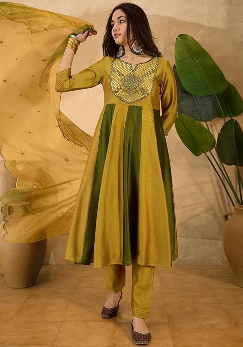 Yellow Embroidered Organza A Line Kurta Set