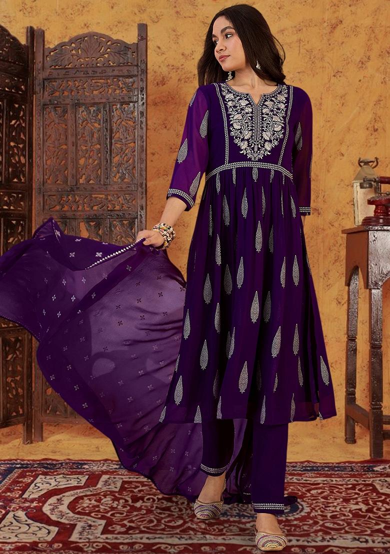 Purple Sequin Embroidered Georgette Salwar Kameez With Dupatta