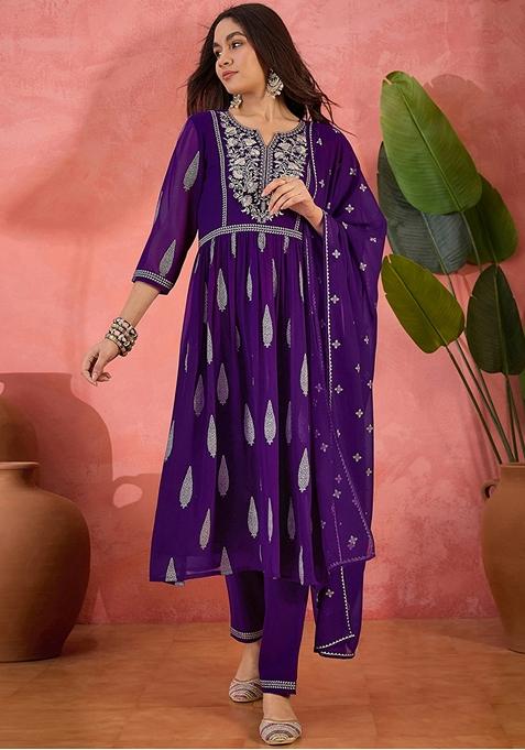 Purple Sequin Embroidered Georgette Salwar Kameez With Dupatta