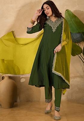 Mehendi Green Sequin Embroidered Chinon Salwar Kameez With Dupatta