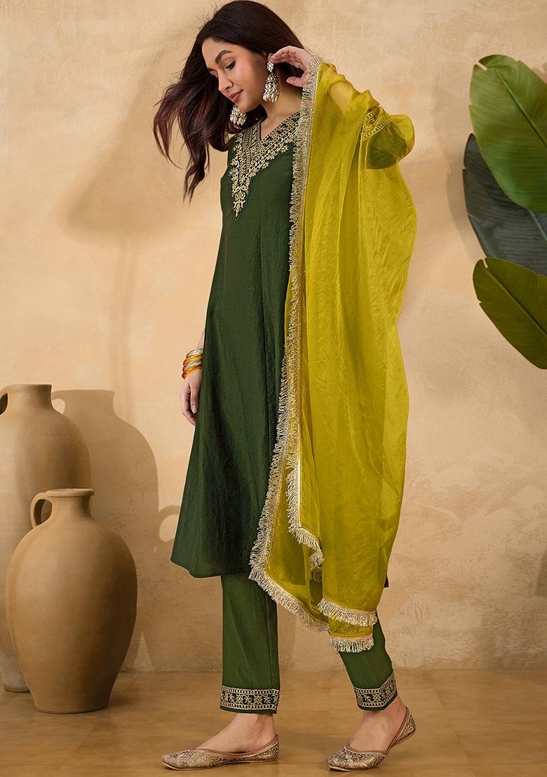 Mehendi Green Sequin Embroidered Chinon Salwar Kameez With Dupatta