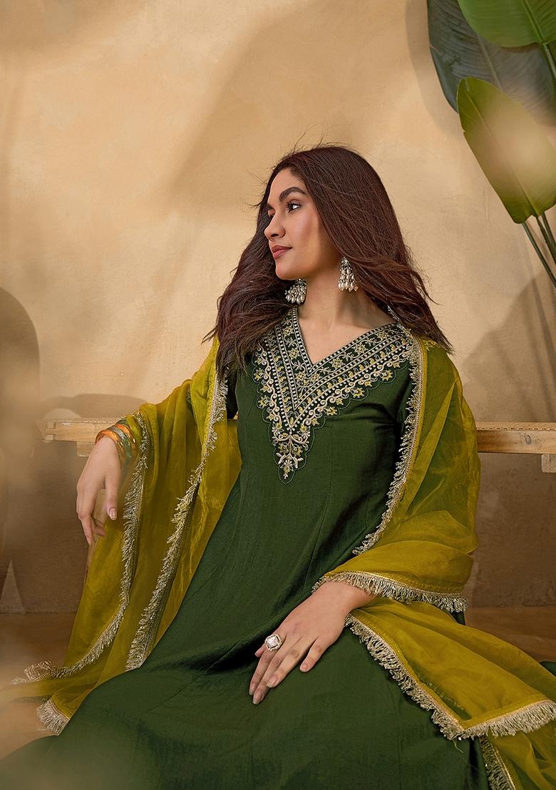 Mehendi Green Sequin Embroidered Chinon Salwar Kameez With Dupatta