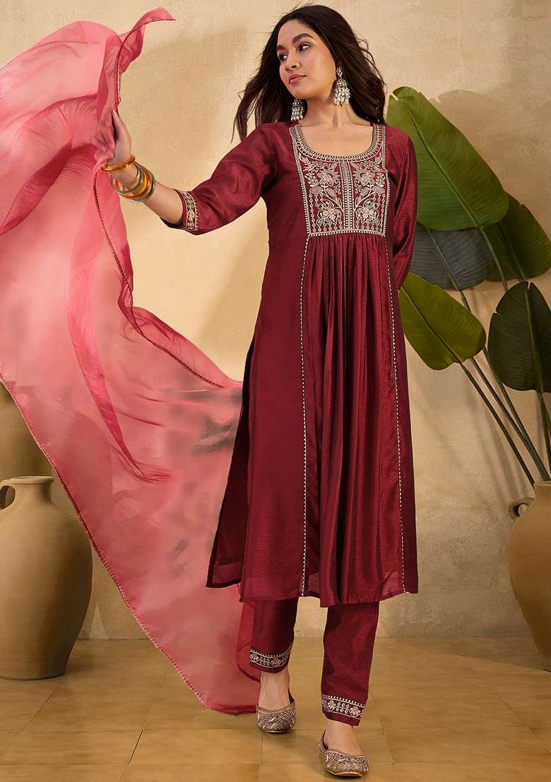 Maroon Embroidered Organza A Line Kurta Set - Indya