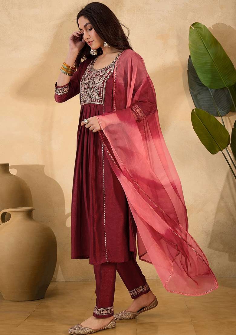 Maroon Embroidered Organza A Line Kurta Set - Indya