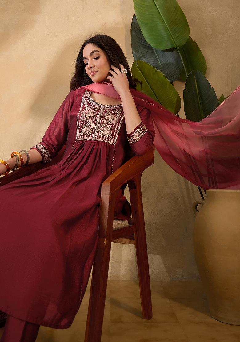 Maroon Sequin Embroidered Organza Salwar Kameez With Dupatta