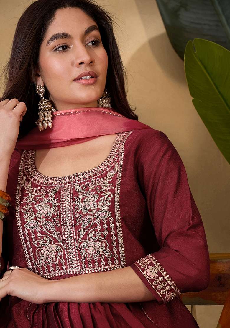 Maroon Embroidered Organza A Line Kurta Set - Indya