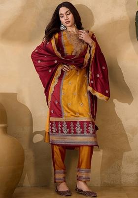 Yellow And Maroon Sequin Embroidered Vichitra Salwar Kameez With Dupatta