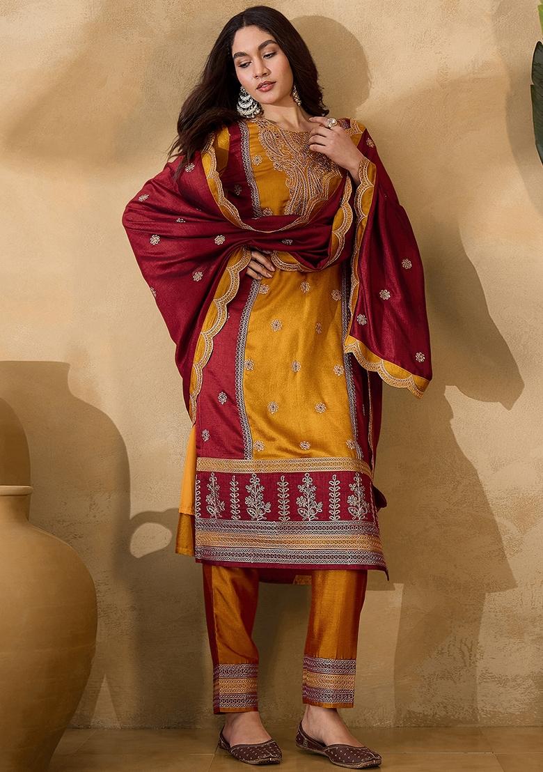 Yellow And Maroon Sequin Embroidered Vichitra Salwar Kameez With Dupatta