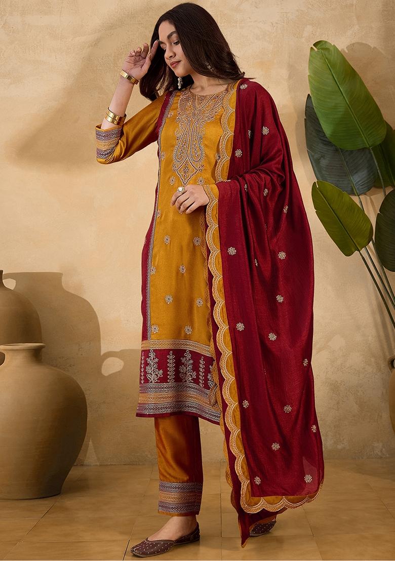 Yellow And Maroon Sequin Embroidered Vichitra Salwar Kameez With Dupatta