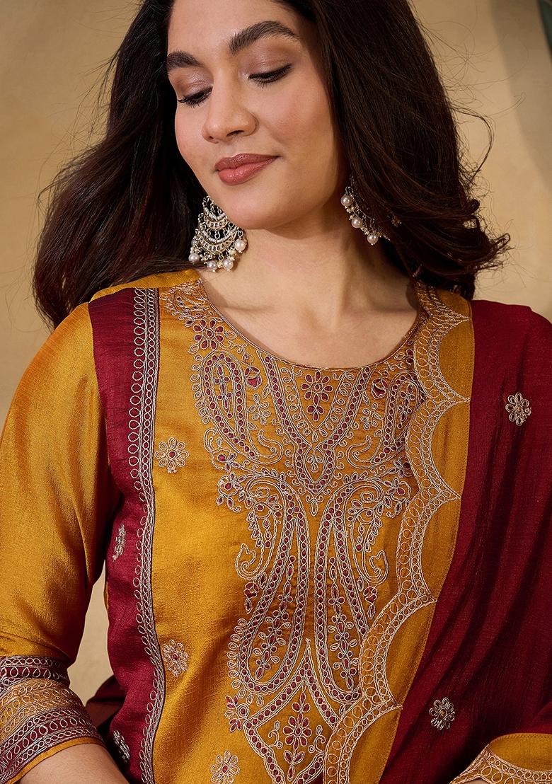 Yellow And Maroon Sequin Embroidered Vichitra Salwar Kameez With Dupatta