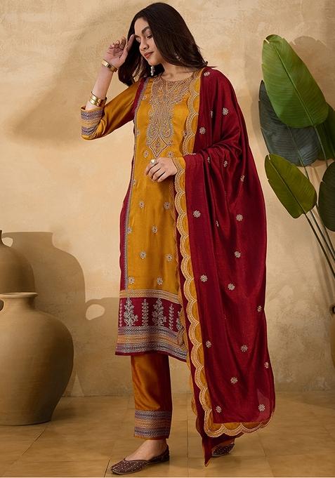 Yellow And Maroon Sequin Embroidered Vichitra Salwar Kameez With Dupatta