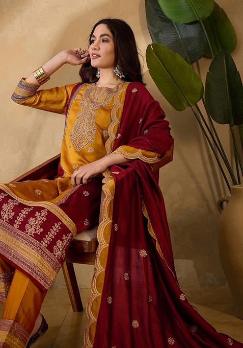 Yellow And Maroon Sequin Embroidered Vichitra Salwar Kameez With Dupatta