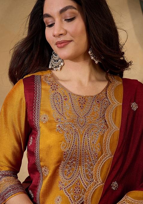 Yellow And Maroon Sequin Embroidered Vichitra Salwar Kameez With Dupatta