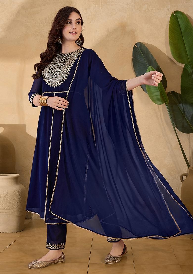 Blue Sequin Embroidered Georgette Salwar Kameez With Dupatta