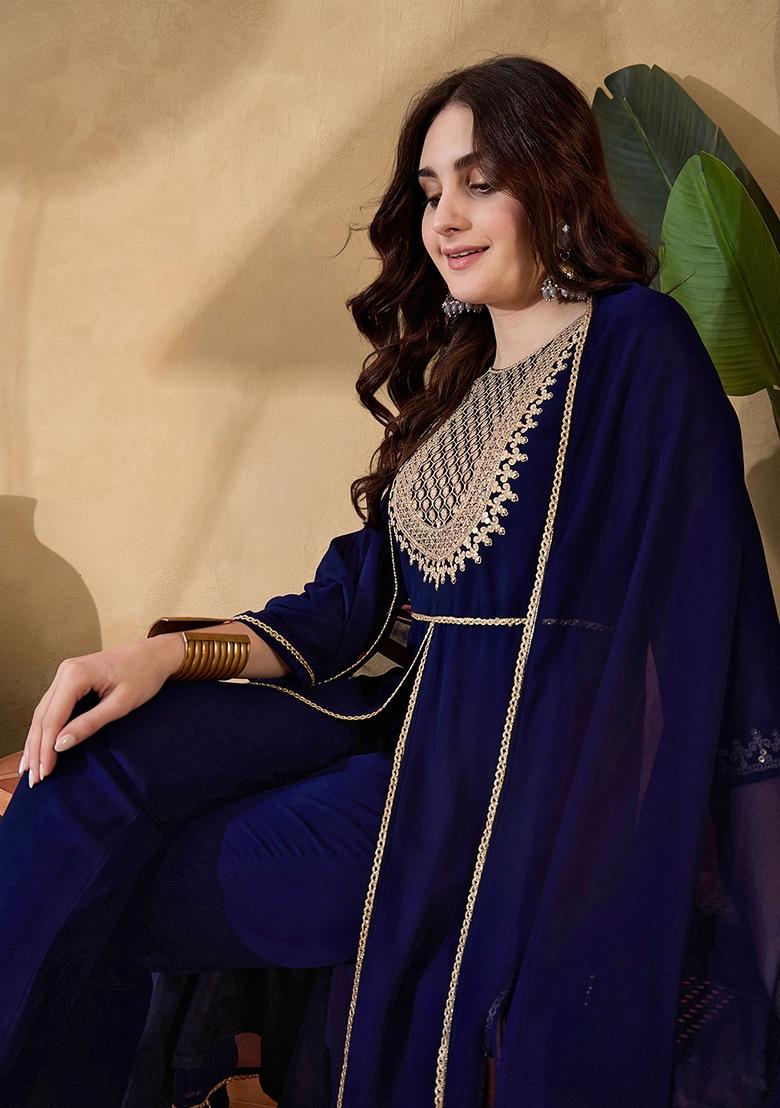 Blue Sequin Embroidered Georgette Salwar Kameez With Dupatta