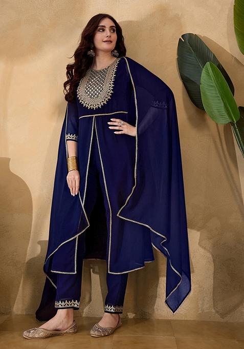 Blue Sequin Embroidered Georgette Salwar Kameez With Dupatta