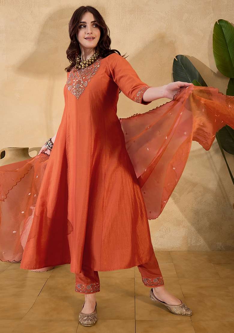 Orange Embroidered Chinon Anarkali Set - Indya