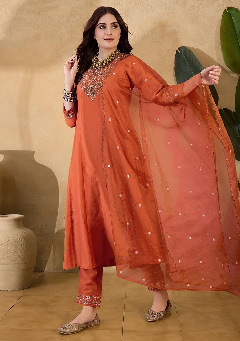 Orange Sequin Embroidered Chinon Salwar Kameez With Dupatta
