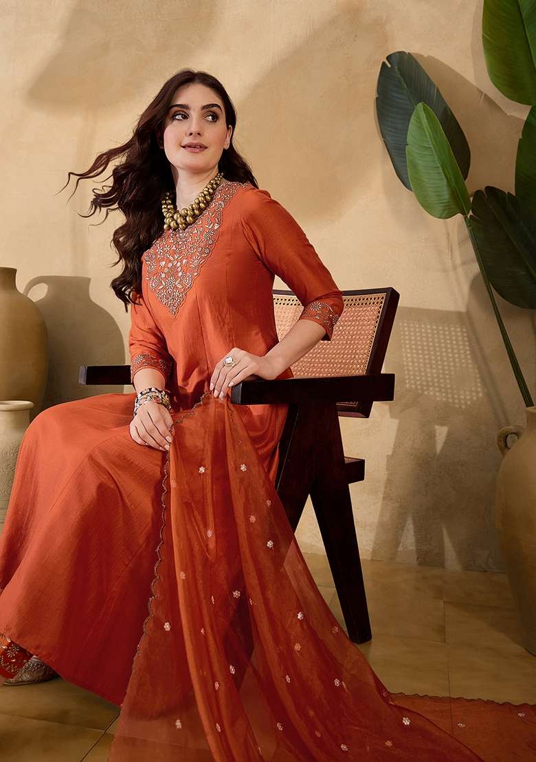 Orange Embroidered Chinon Anarkali Set - Indya