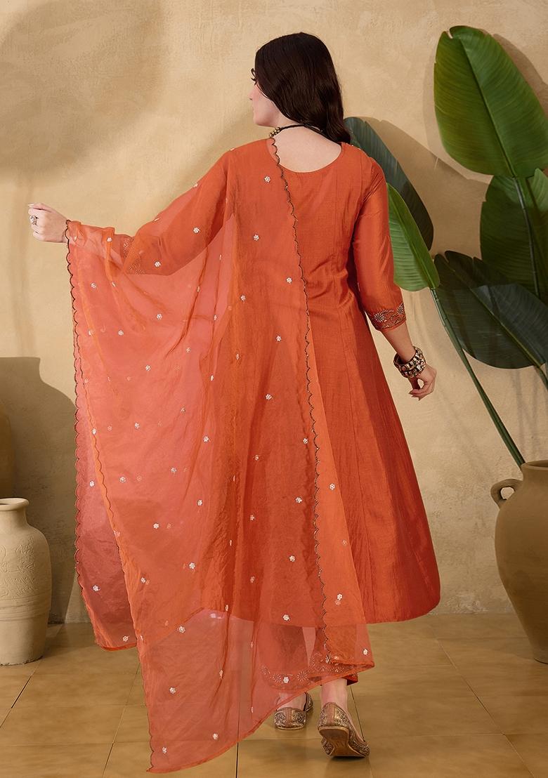 Orange Sequin Embroidered Chinon Salwar Kameez With Dupatta