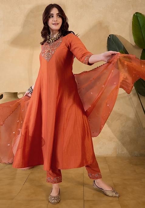 Orange Embroidered Chinon Anarkali Set