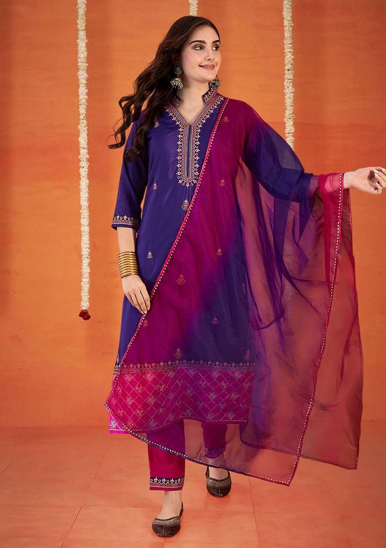 Purple Embroidered Organza Straight Kurta Set - Indya