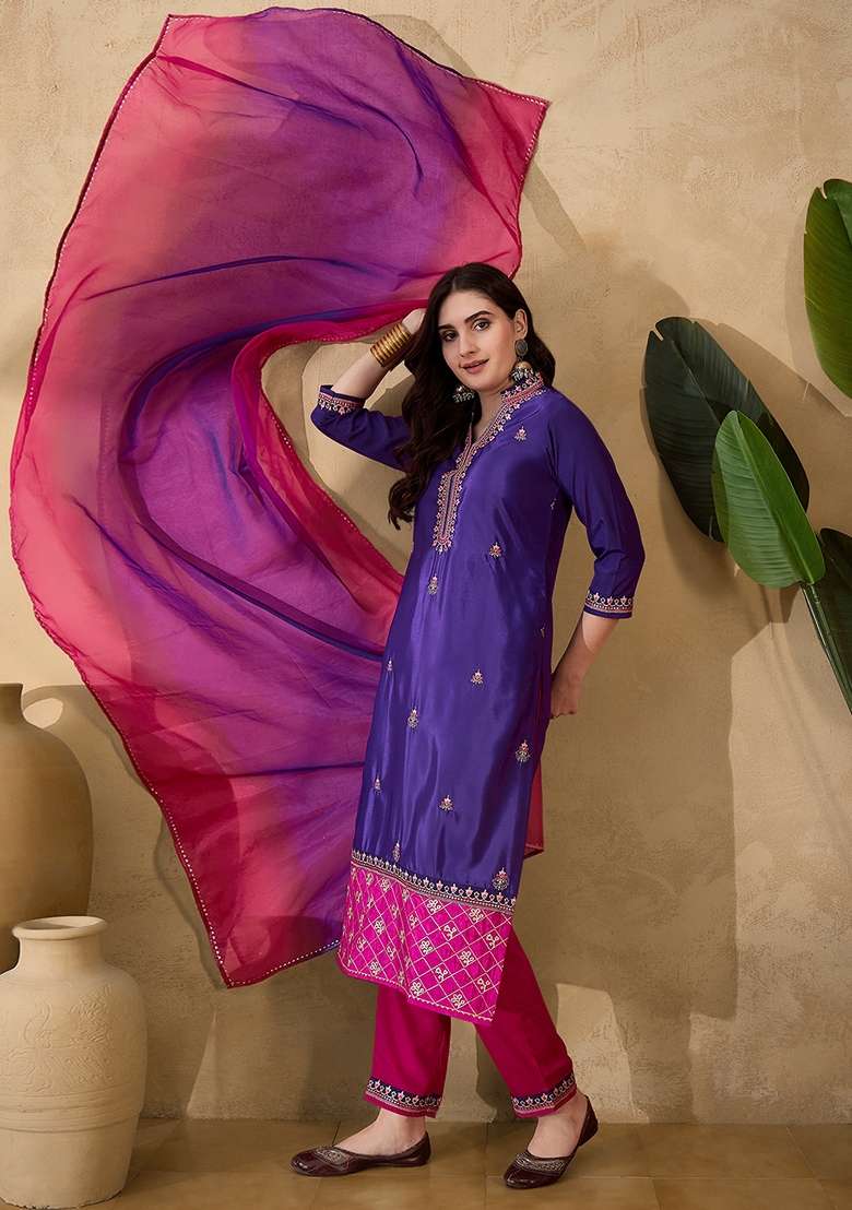 Purple Embroidered Organza Straight Kurta Set - Indya