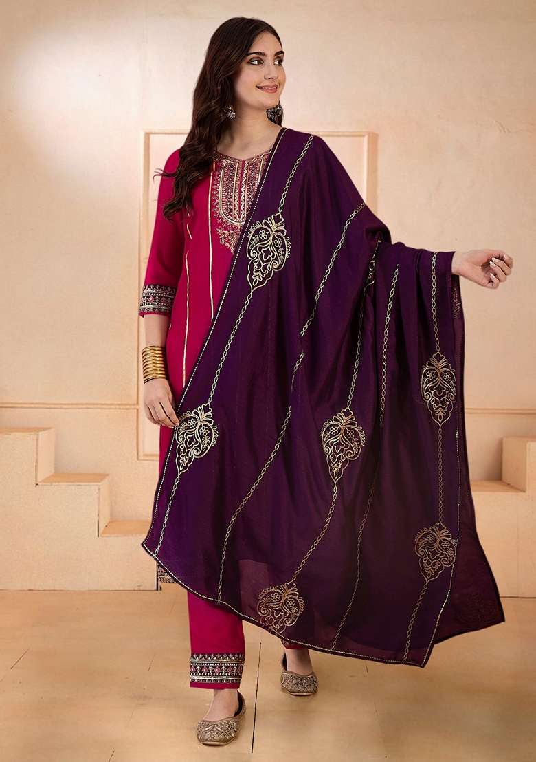 Rani Pink Embroidered Vichitra Straight Kurta Set - Indya
