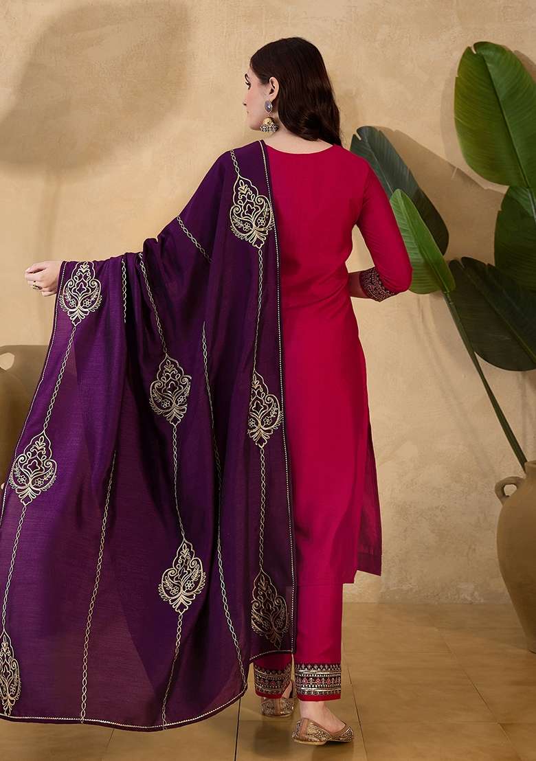Rani Pink Embroidered Vichitra Straight Kurta Set - Indya