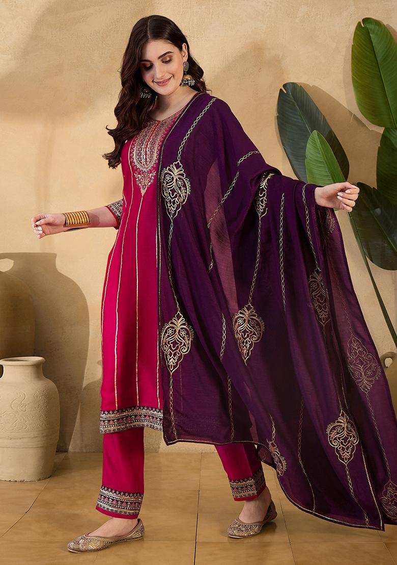 Rani Pink Sequin Embroidered Vichitra Salwar Kameez With Dupatta