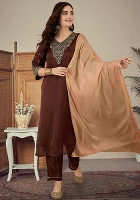 Brown Sequin Embroidered Silk Salwar Kameez With Dupatta
