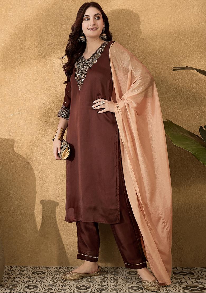 Brown Sequin Embroidered Silk Salwar Kameez With Dupatta