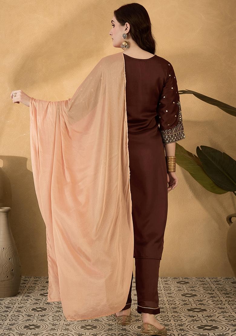 Brown Sequin Embroidered Silk Salwar Kameez With Dupatta